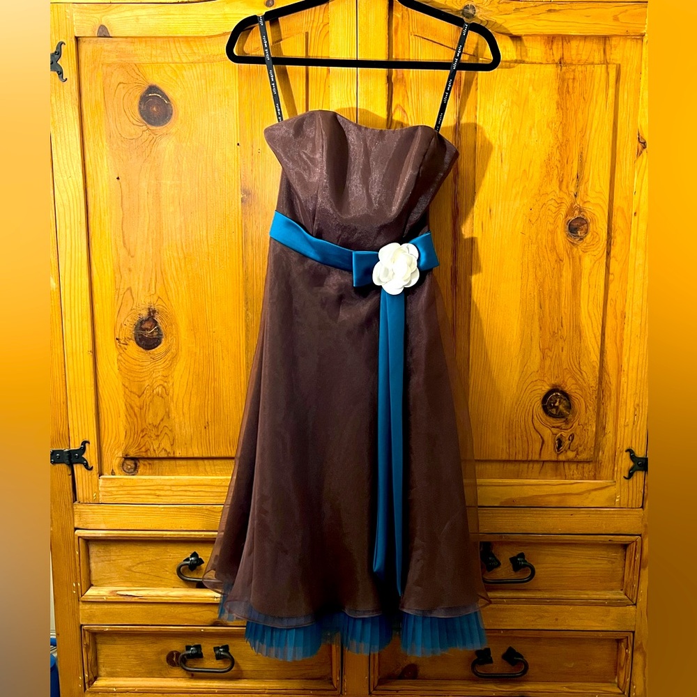 Strapless bridesmaid dress, size 0, shimmery brown and teal colors